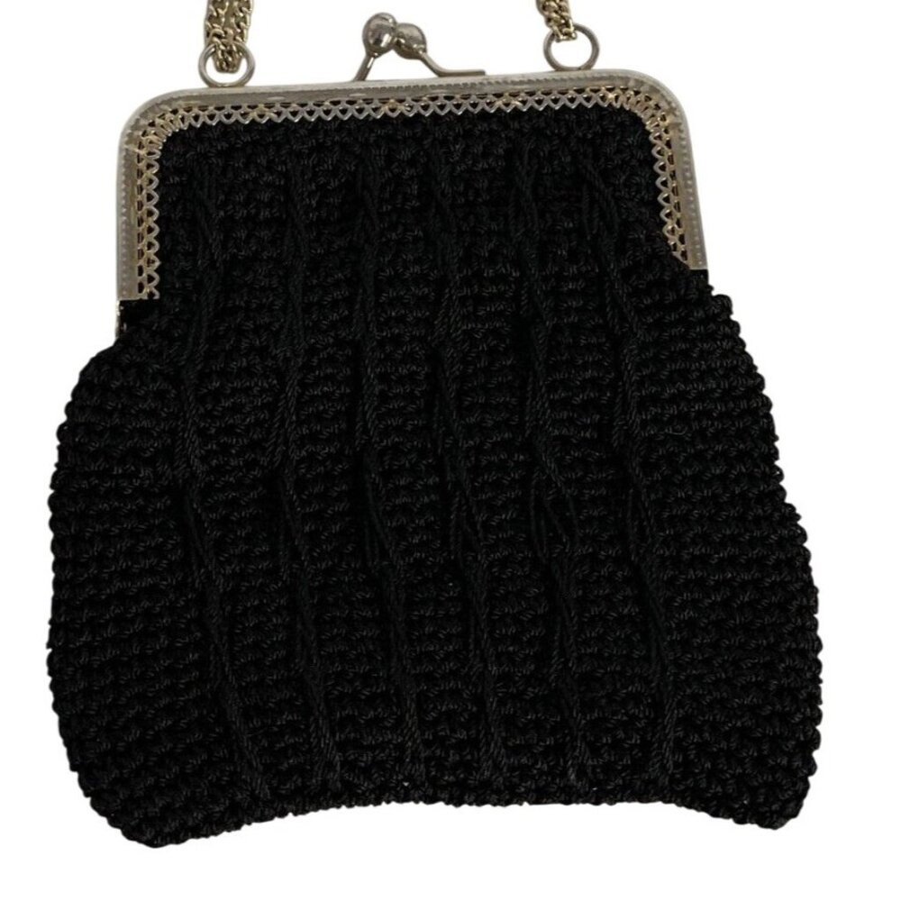 Vintage Belezza Black Knit Chain Strap Purse Small Bag Gold Tone Frame Italy
